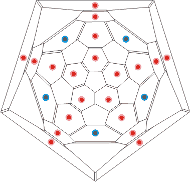 Connectivity map of C70 showing H-bonding sites to water cluster