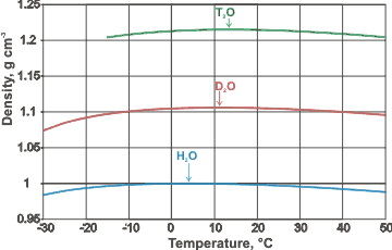 Densities and density maxima of H2O, D2O and T2O compared