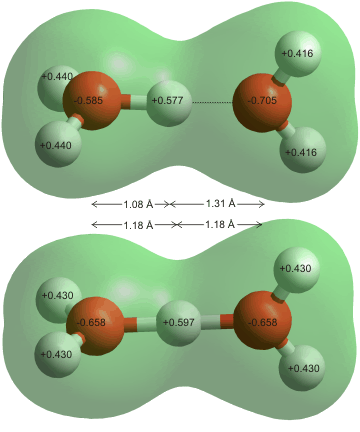 Dihydronium ion (H5O2+)and hydrated hydroxide ion (H3O2-)