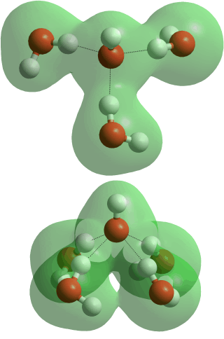 Hydrated hydroxide ion (H7O4-), with 3 water molecules donating hydrogen bonds to the hydroxide ion