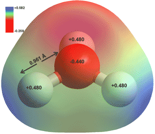 Hydrogen ion (H3O+) as a flattened pyramid with electrostatic potential