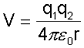 V = (q1 x q2)/(4 x pi x vacuum permittivity x r)